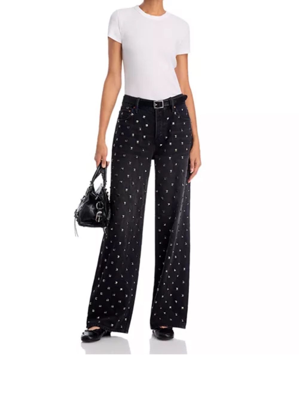 MOTHER Black Wide-Leg Jeans with Silver Studs